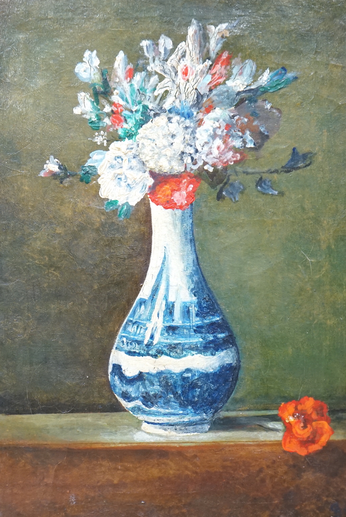 German School c.1990, oil on canvas, Still life of flowers in a Delft vase, indistinctly monogrammed lower right, 45 x 29cm